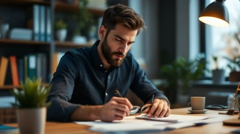 Frau liest Foerderunterlagen am Schreibtisch mit Koelner Stadtbild im Hintergrund