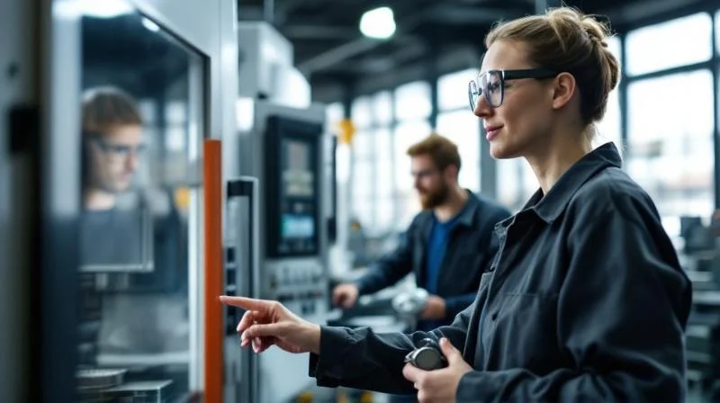 Kölner Ausbilderin erklärt einem jungen Auszubildenden in einer Werkhalle einen Produktionsschritt