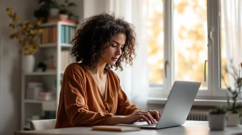 Frau recherchiert am Laptop in einer hellen Koelner Altbauwohnung
