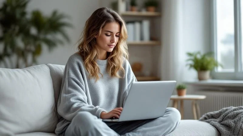 Frau studiert Kursunterlagen am Schreibtisch mit Laptop in einem hellen Koelner Buero
