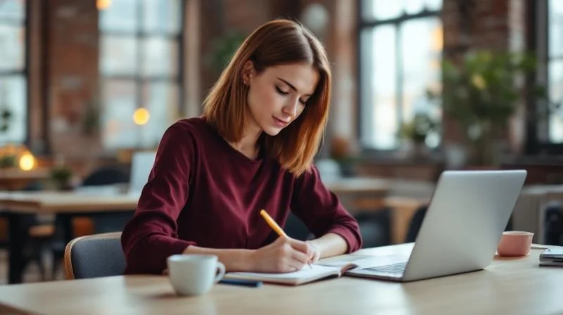 Frau praepariert sich mit Notizen auf eine IHK-Pruefung in einem Koelner Coworking Space