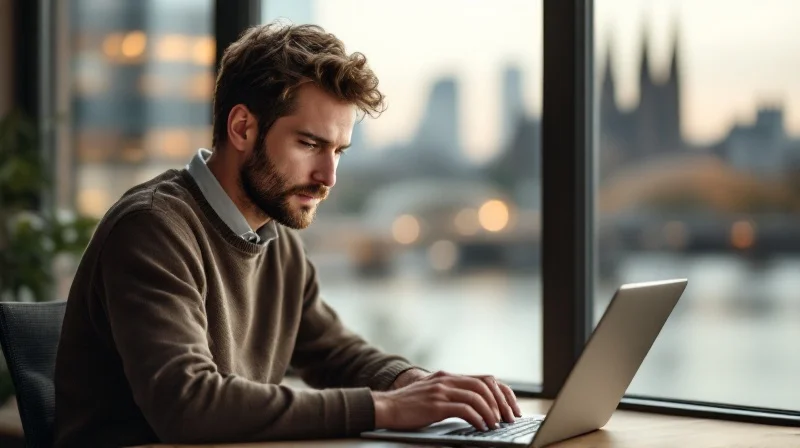 Kölner Angestellter im Coworking-Space mit Laptop, im Hintergrund Dom-Silhouette