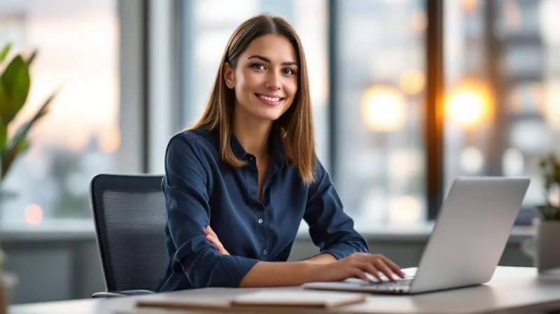 Frau arbeitet fokussiert am Laptop in einem modernen Koelner Buero mit Rheinblick