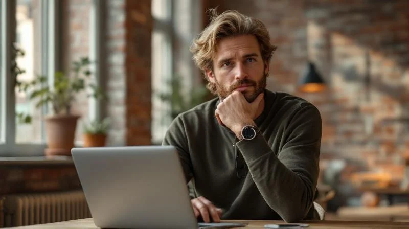 Mann lernt am Laptop in einem Koelner Altbau mit hohen Decken und grossen Fenstern