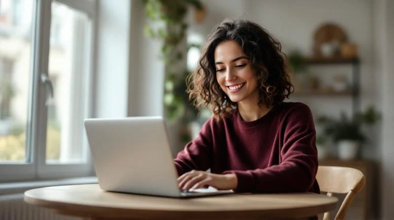 Frau arbeitet konzentriert am Laptop in einem hellen Koelner Altbauzimmer