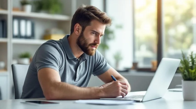 Mann lernt am Laptop in einem modernen Koelner Buero mit Tageslicht